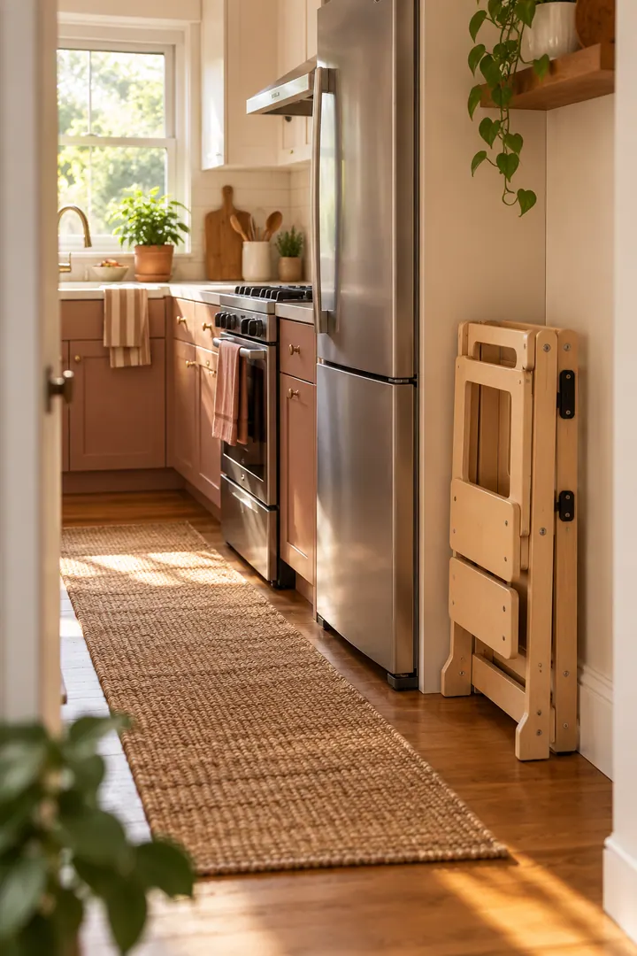 Clean Photo of fold flat toddler learning tower in Compact kitchen showing choose a product designed to fold.