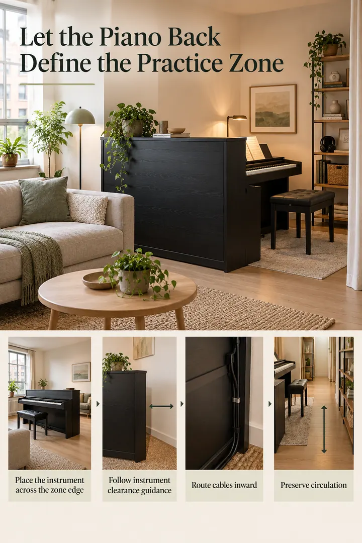 Editorial Educational Collage of piano back studio boundary in Studio apartment music zone showing place the instrument across the zone edge.