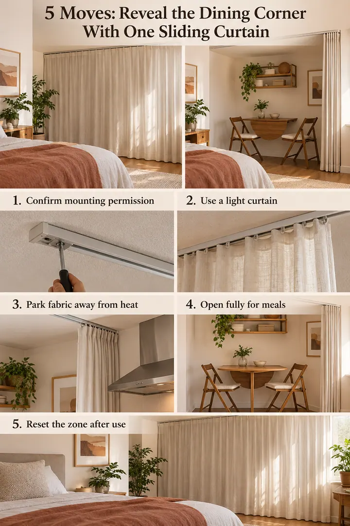 Numbered Ideas Infographic of ceiling curtain dining reveal in Studio dining corner showing confirm mounting permission.