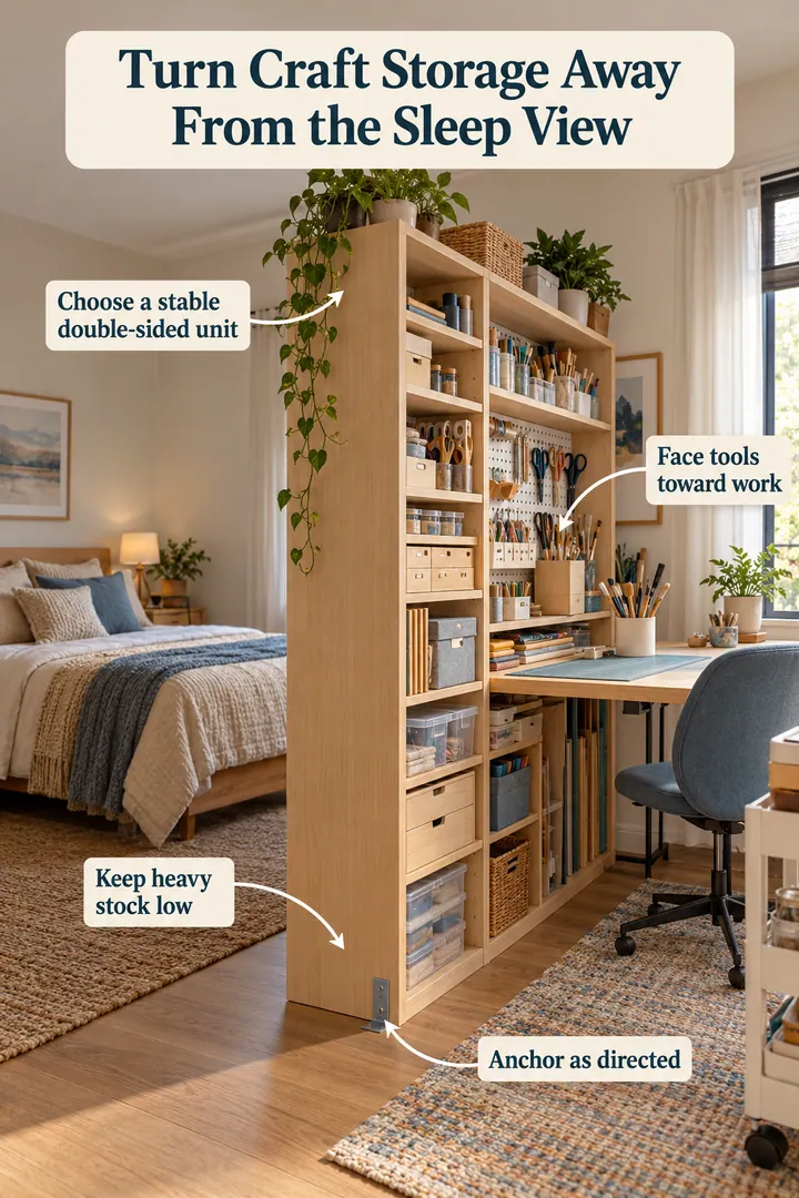 Annotated Educational Photo of double sided craft cabinet divider in Studio hobby zone showing choose a stable double-sided unit.
