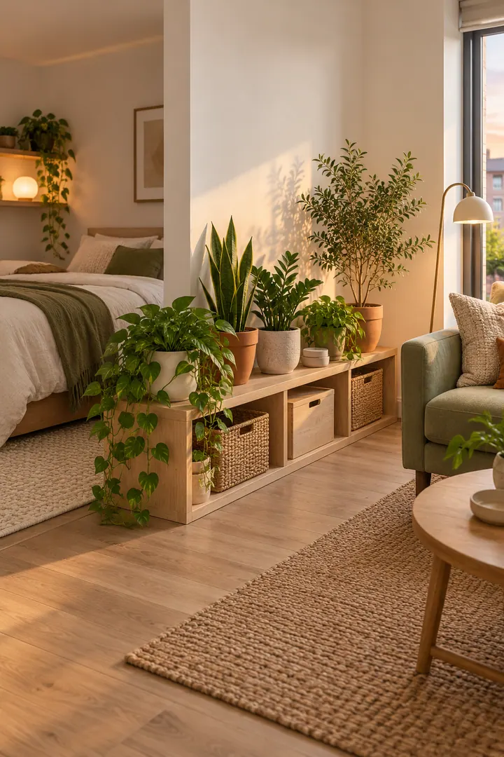 Clean Photo of bench and plants low studio border in Studio apartment showing use a stable low bench.