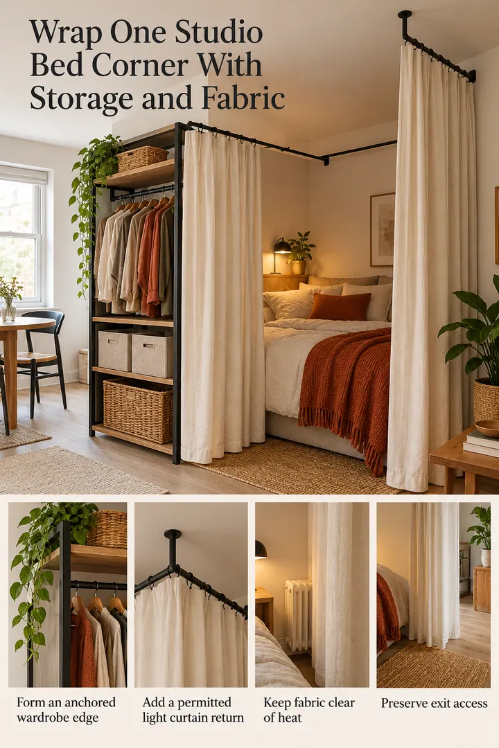 Editorial Educational Collage of wardrobe curtain L corner in Studio sleep corner showing form an anchored wardrobe edge.