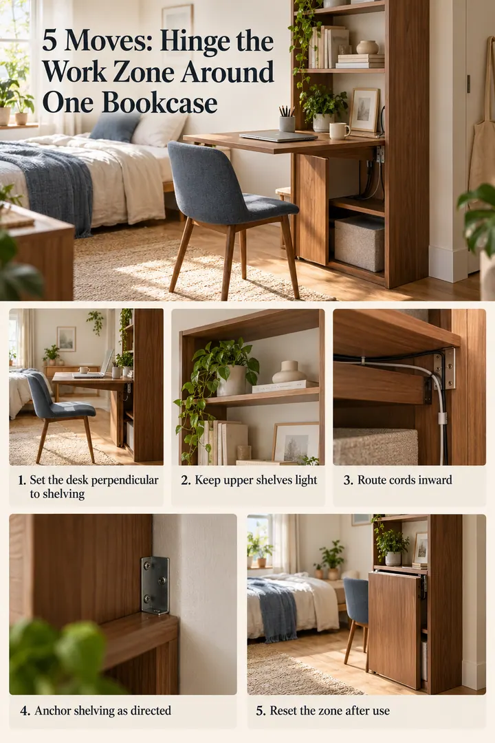 Numbered Ideas Infographic of desk bookcase perpendicular hinge in Studio work zone showing set the desk perpendicular to shelving.