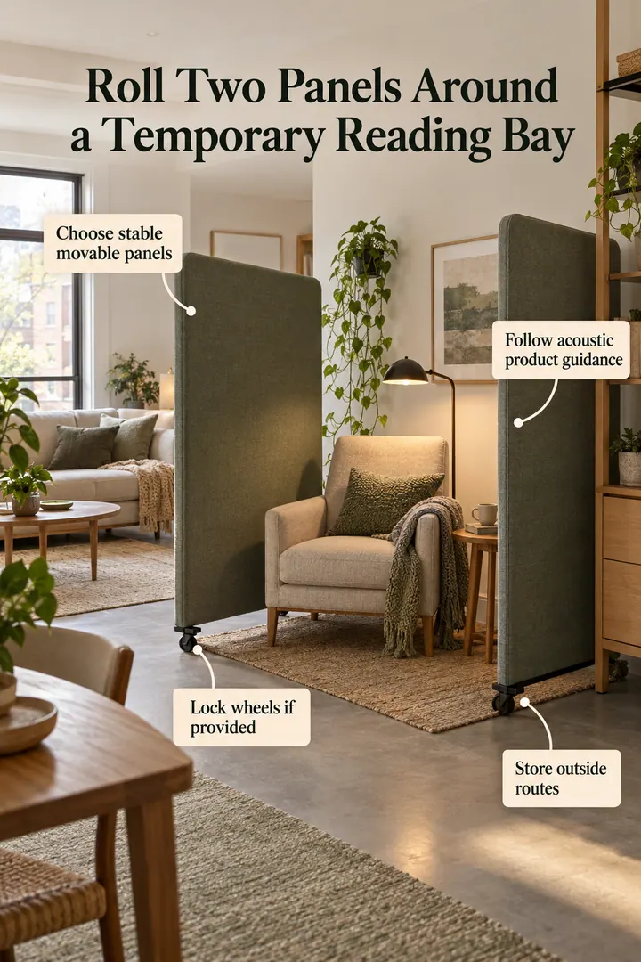 Annotated Educational Photo of mobile acoustic panel reading bay in Open studio showing choose stable movable panels.