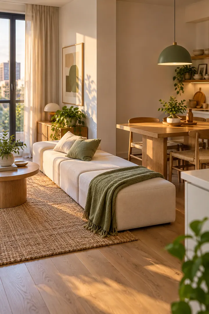 Clean Photo of backless sofa dining threshold in Studio living area showing use a low backless seat.