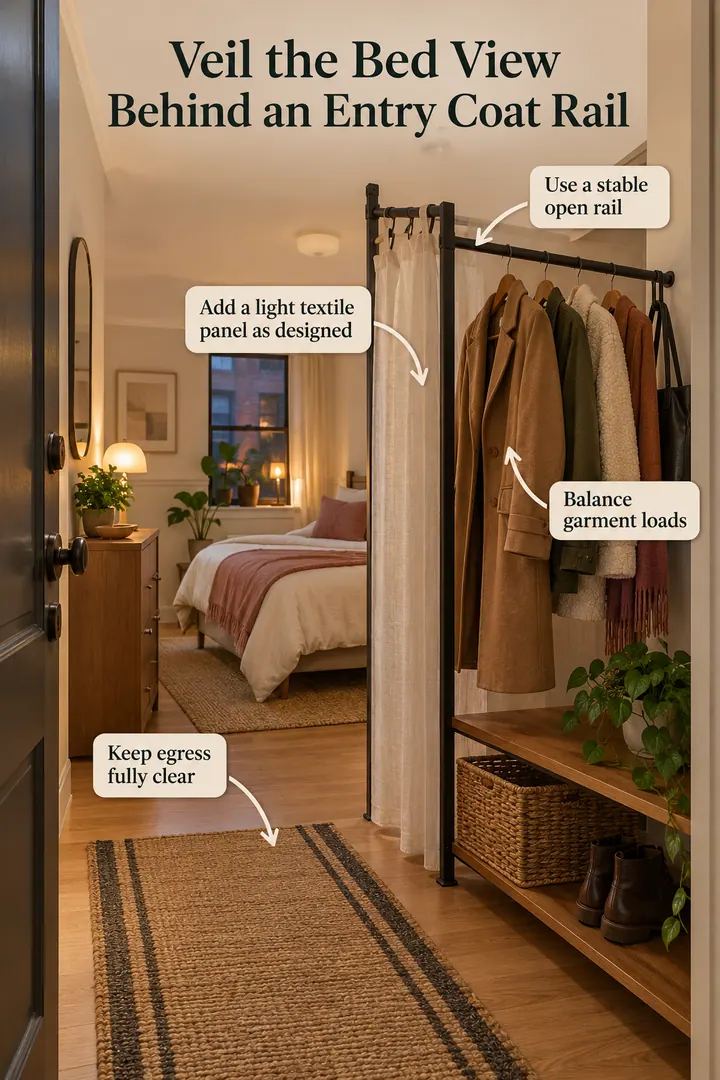 Annotated Educational Photo of open coat rail entry veil in Studio entrance showing use a stable open rail.