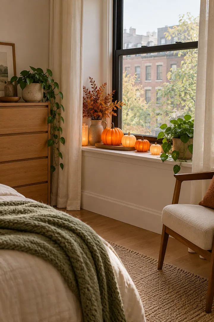 Clean Photo of battery candle pumpkin window ledge in Apartment window ledge showing use battery-operated lights.