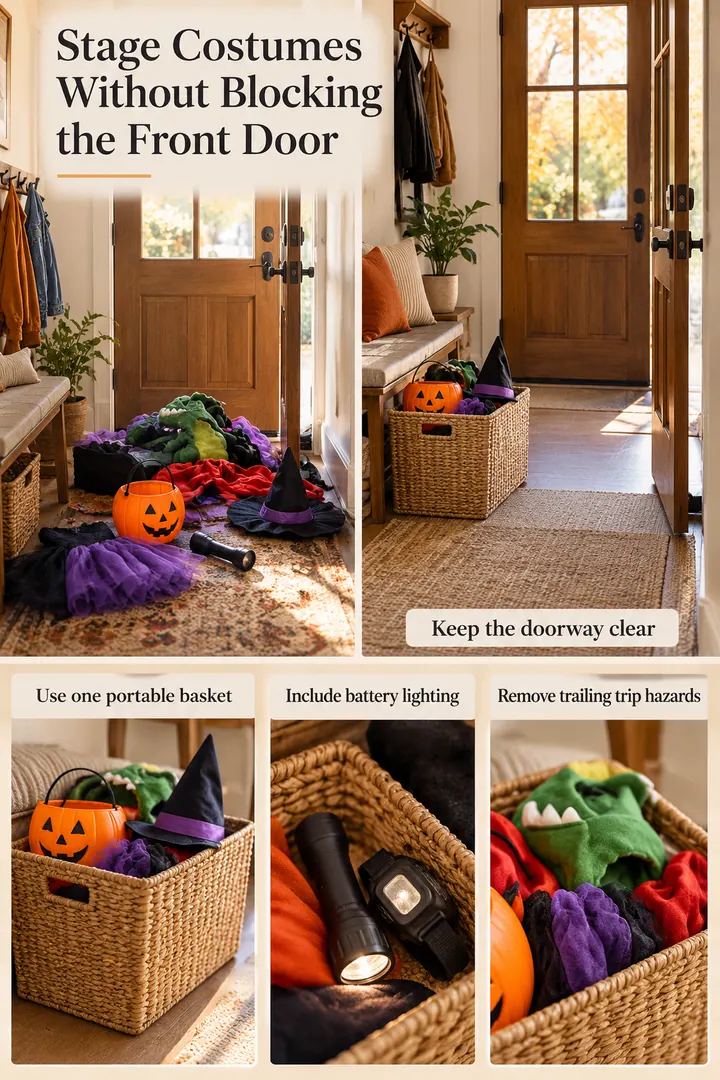 Editorial Educational Collage of Halloween costume return basket in Entryway showing use one portable basket.