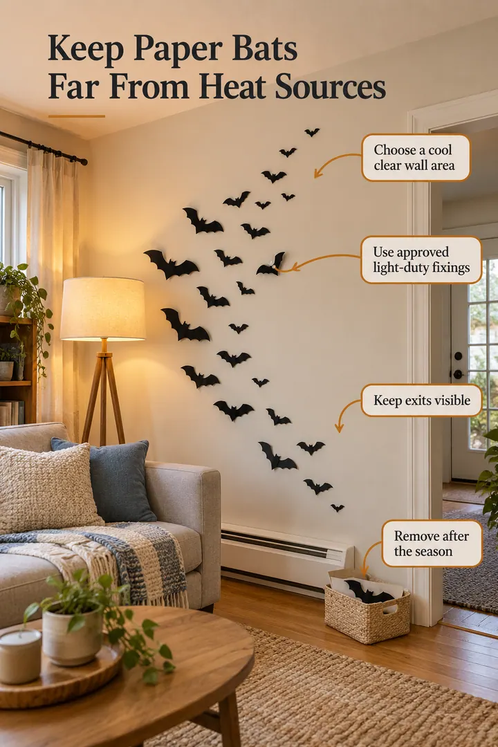 Annotated Educational Photo of heat clear paper bat wall in Rental living room showing choose a cool clear wall area.