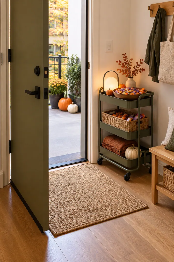 Clean Photo of compact candy handoff cart in Apartment entry showing use a small lockable cart.