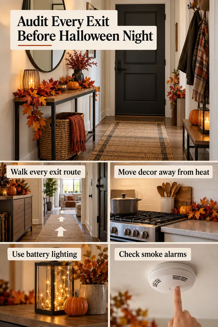 Editorial Educational Collage of seasonal decor exit audit in Small apartment showing walk every exit route.