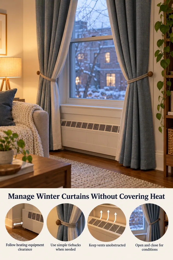 Annotated Educational Photo of winter curtain parking ties in Rental living room window showing follow heating-equipment clearance.
