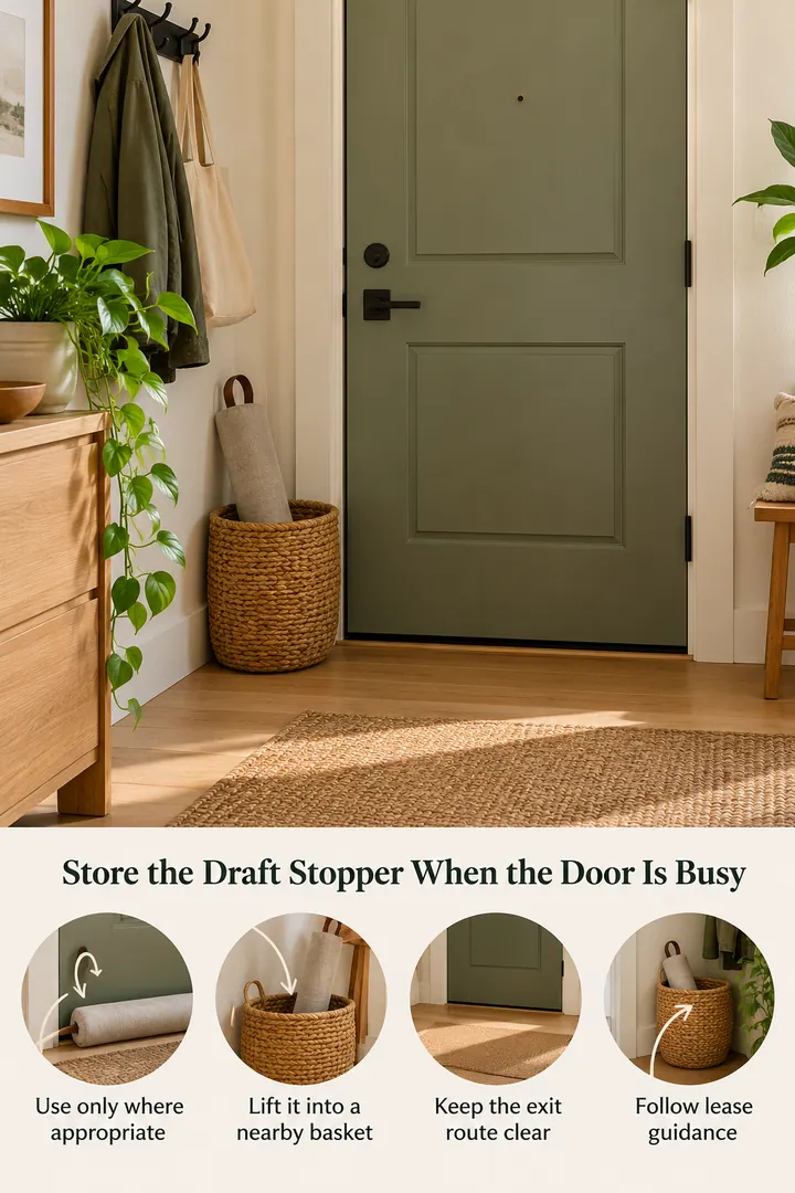 Annotated Educational Photo of draft stopper daytime basket in Apartment entry door showing use only where appropriate.