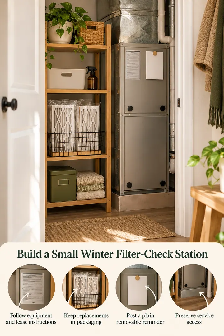 Annotated Educational Photo of winter filter reminder station in Utility closet showing follow equipment and lease instructions.