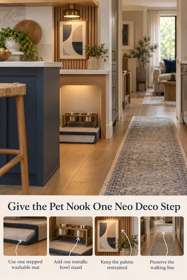Annotated Educational Photo of neo deco pet feeding nook in Compact kitchen edge showing use one stepped washable mat.