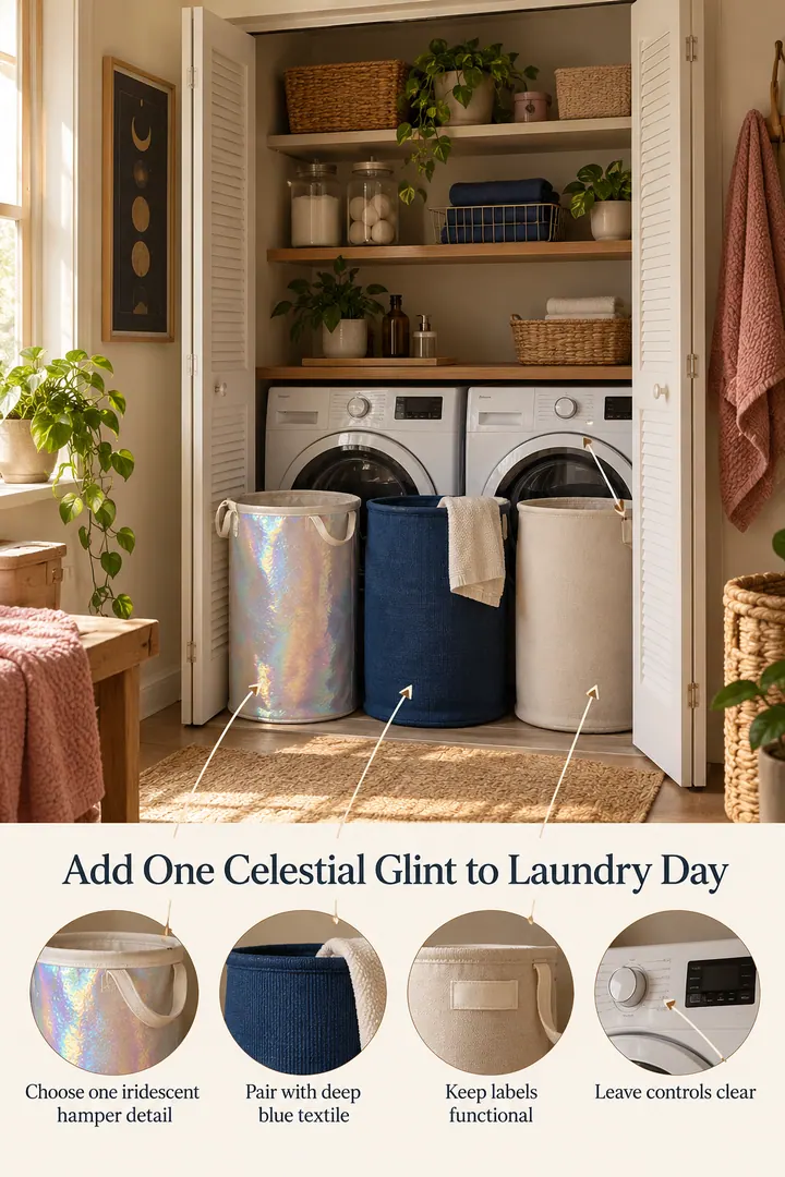 Annotated Educational Photo of extra celestial laundry basket in Laundry closet showing choose one iridescent hamper detail.