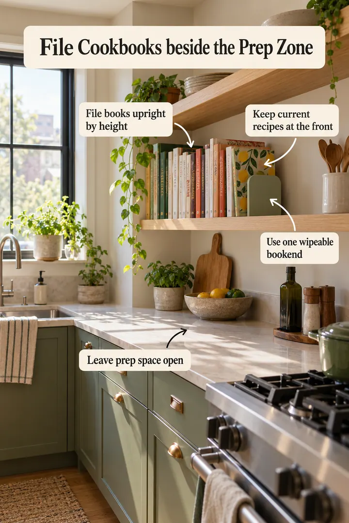 Annotated Educational Photo of cookbook storage small kitchen in Kitchen showing file books upright by height.