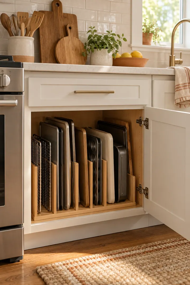 Clean Photo of baking sheet cabinet organizer in Kitchen showing stand pans in dividers.