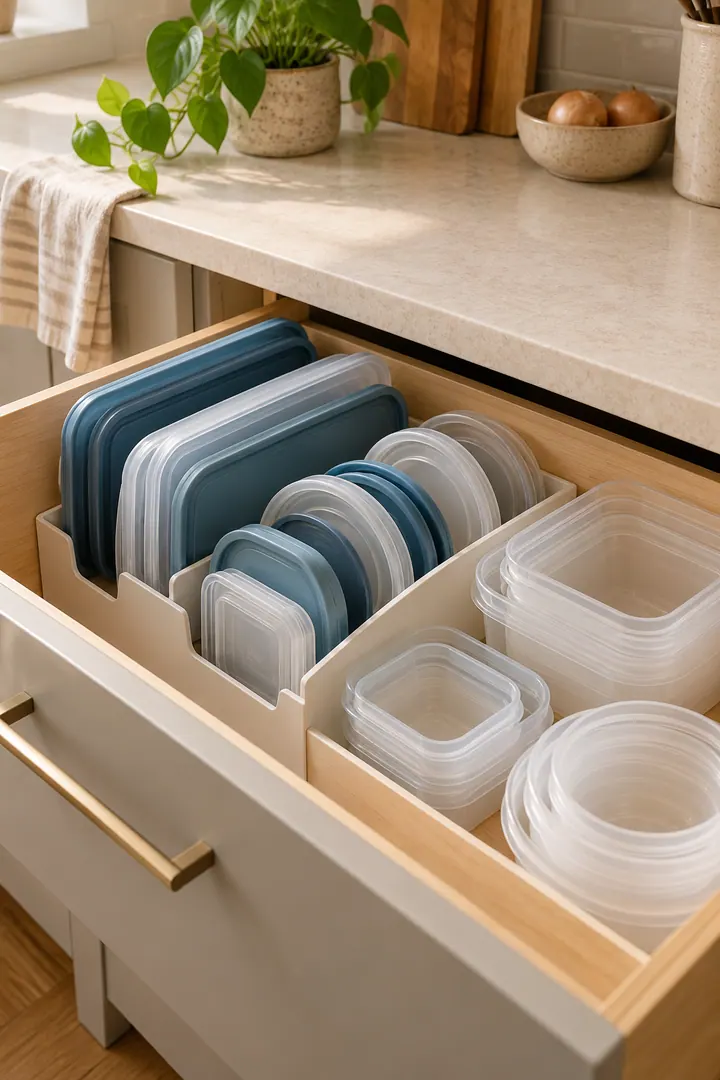 Detail/Lifestyle Photo of food container lid organizer in Kitchen showing sort lids by shape.