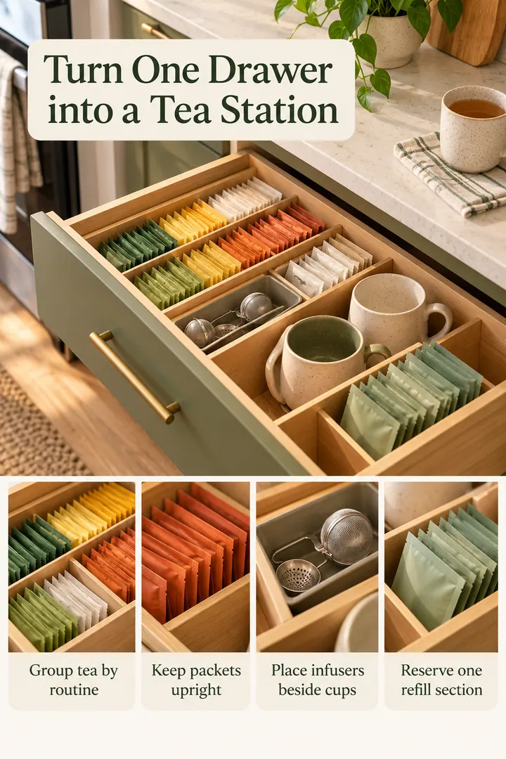 Editorial Educational Collage of tea drawer organization in Kitchen showing group tea by routine.