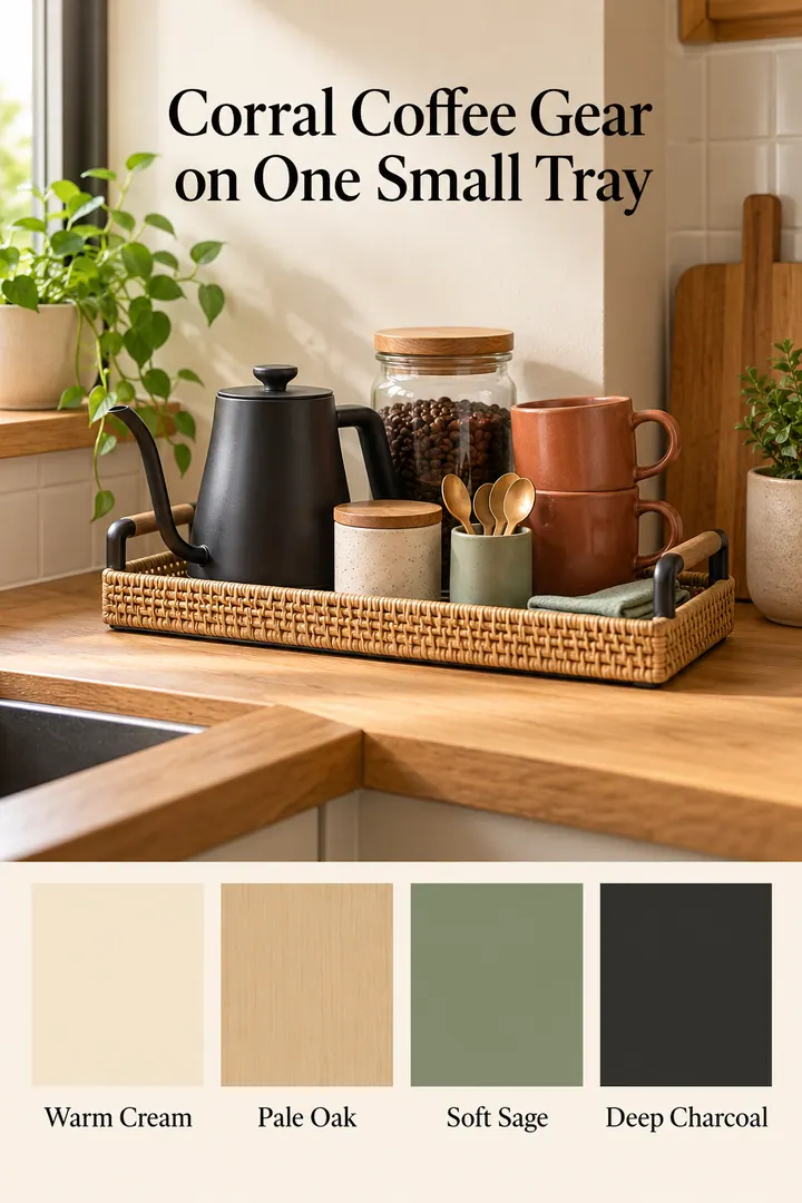 Color Palette Guide of coffee corner tray organization in Kitchen showing contain daily tools on a tray.