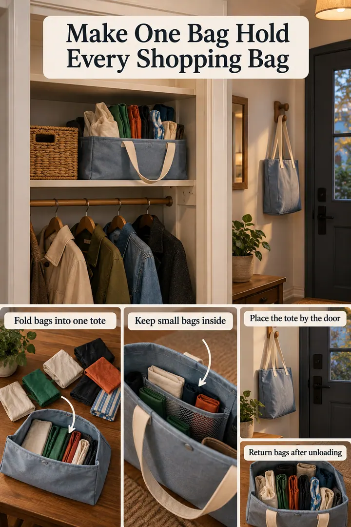 Room-by-Room Visual Guide of reusable shopping bag storage in Entry closet showing fold bags into one tote.