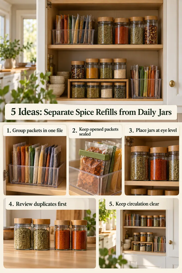 Numbered Ideas Infographic of spice refill storage in Pantry cabinet showing group packets in one file.
