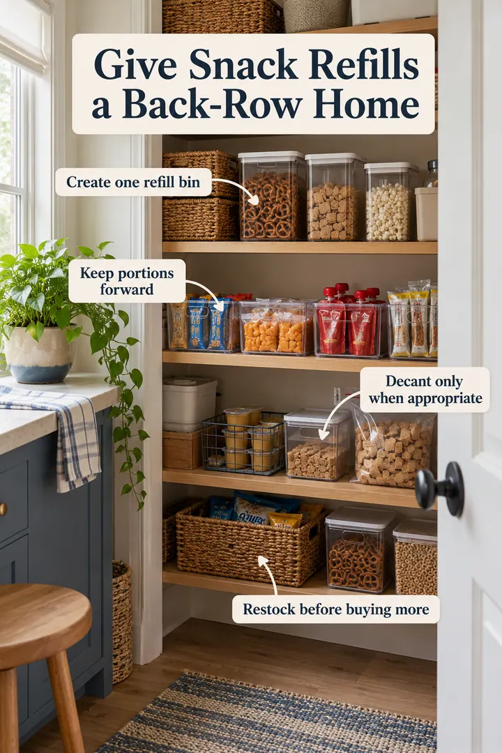 Annotated Educational Photo of snack refill bin pantry in Pantry shelf showing create one refill bin.