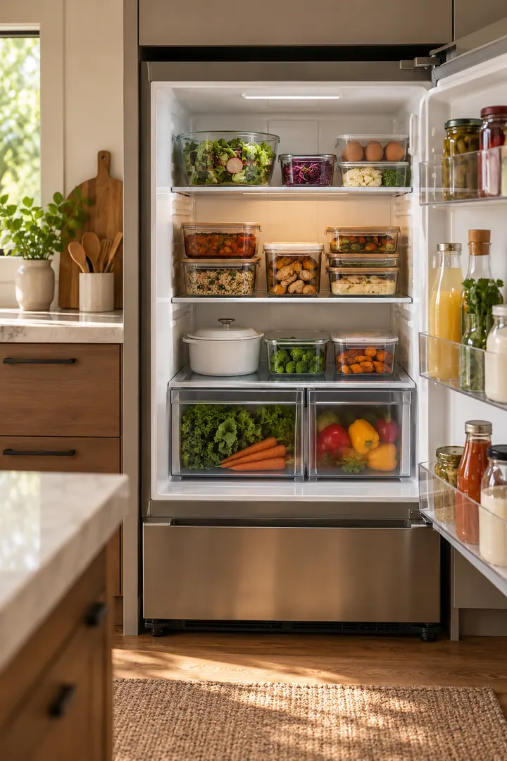 Clean Photo of leftovers shelf refrigerator in Refrigerator showing assign one visible shelf.