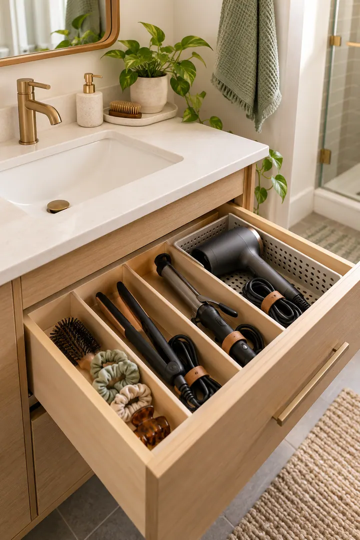 Detail/Lifestyle Photo of hair tool storage bathroom in Bathroom showing cool tools before storage.