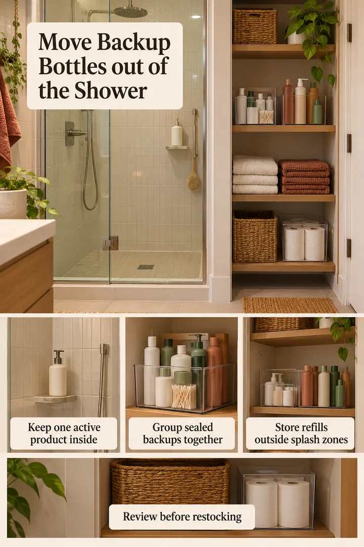 Editorial Educational Collage of shower backup storage in Bathroom closet showing keep one active product inside.