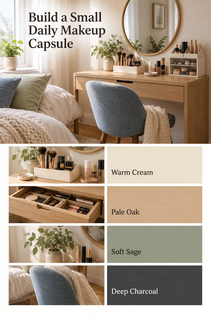 Color Palette Guide of daily makeup capsule in Bedroom vanity showing select one daily tray.