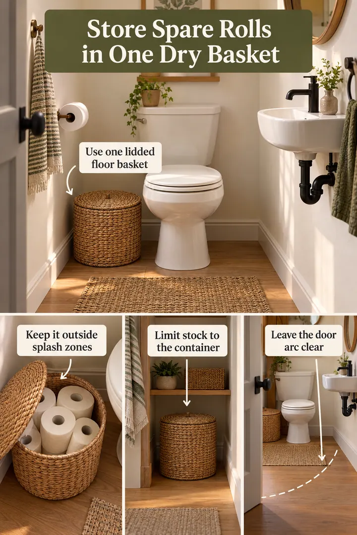 Room-by-Room Visual Guide of extra toilet paper storage in Powder room showing use one lidded floor basket.