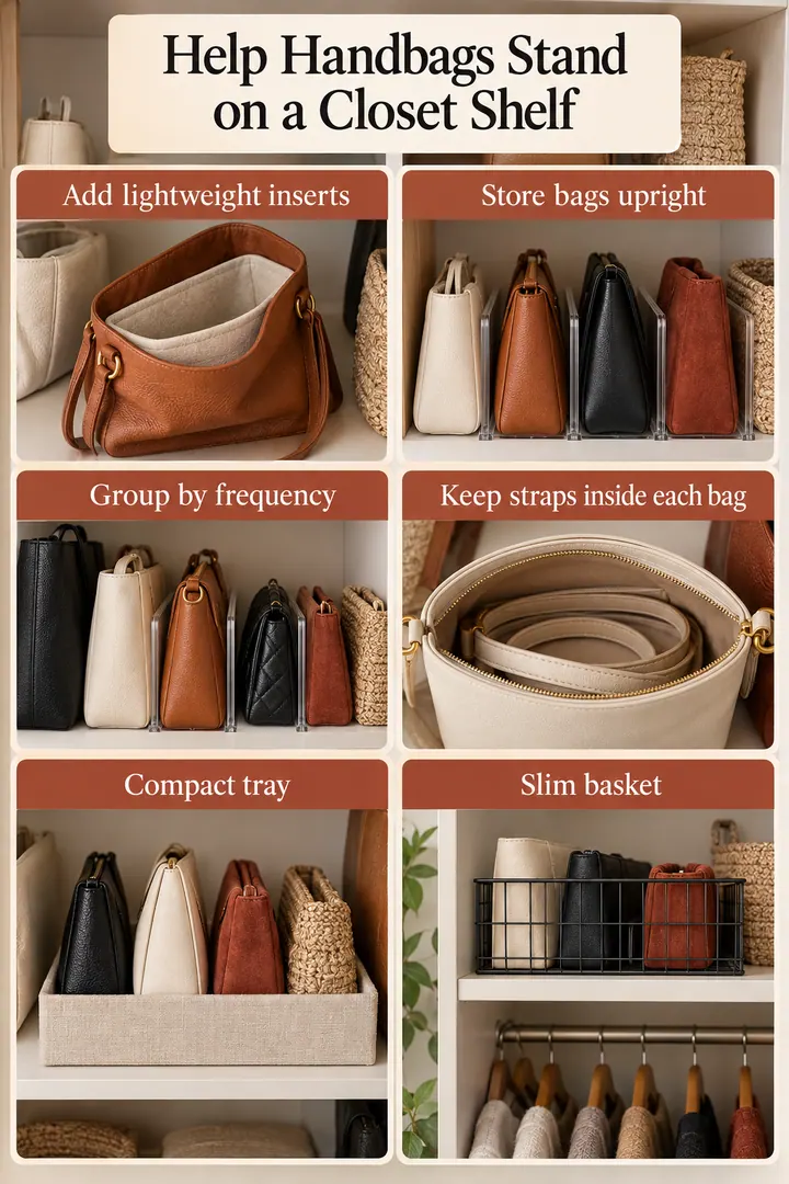 Budget Decor Catalog of handbag shelf organizers in Bedroom closet showing add lightweight inserts.