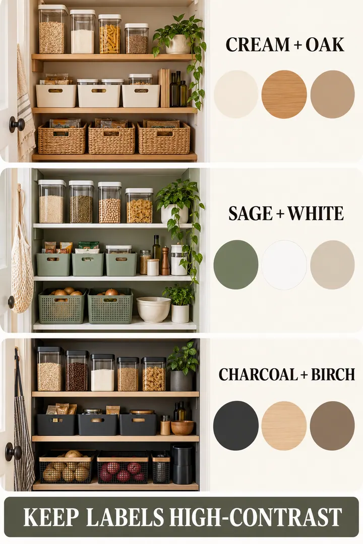 Color Palette Guide of organized pantry colors in Kitchen showing limit visible storage to three material-color systems.