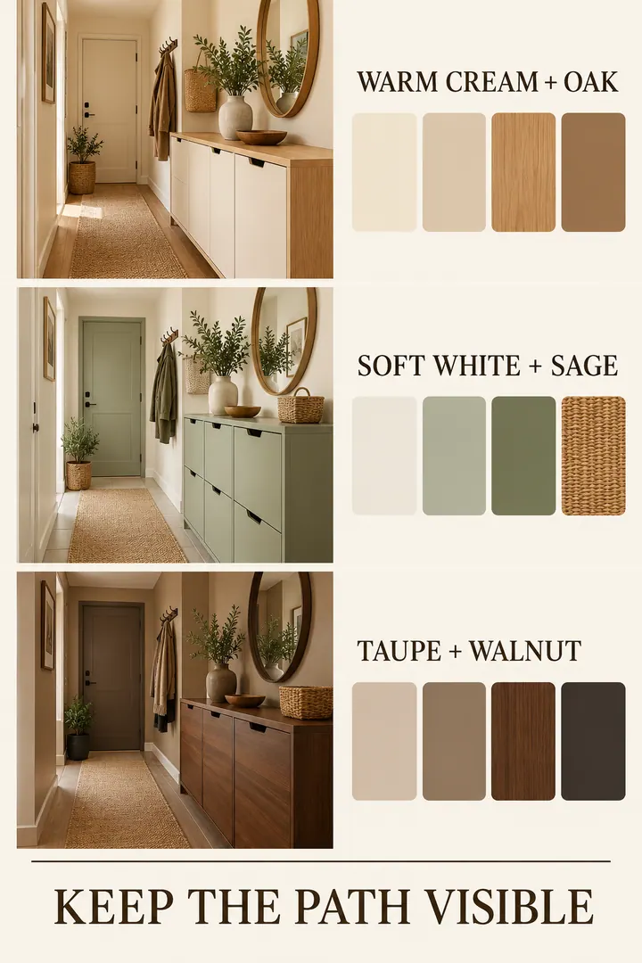 Color Palette Guide of small entryway color palette in Entryway showing repeat cabinet wall and basket tones within a restrained palette.