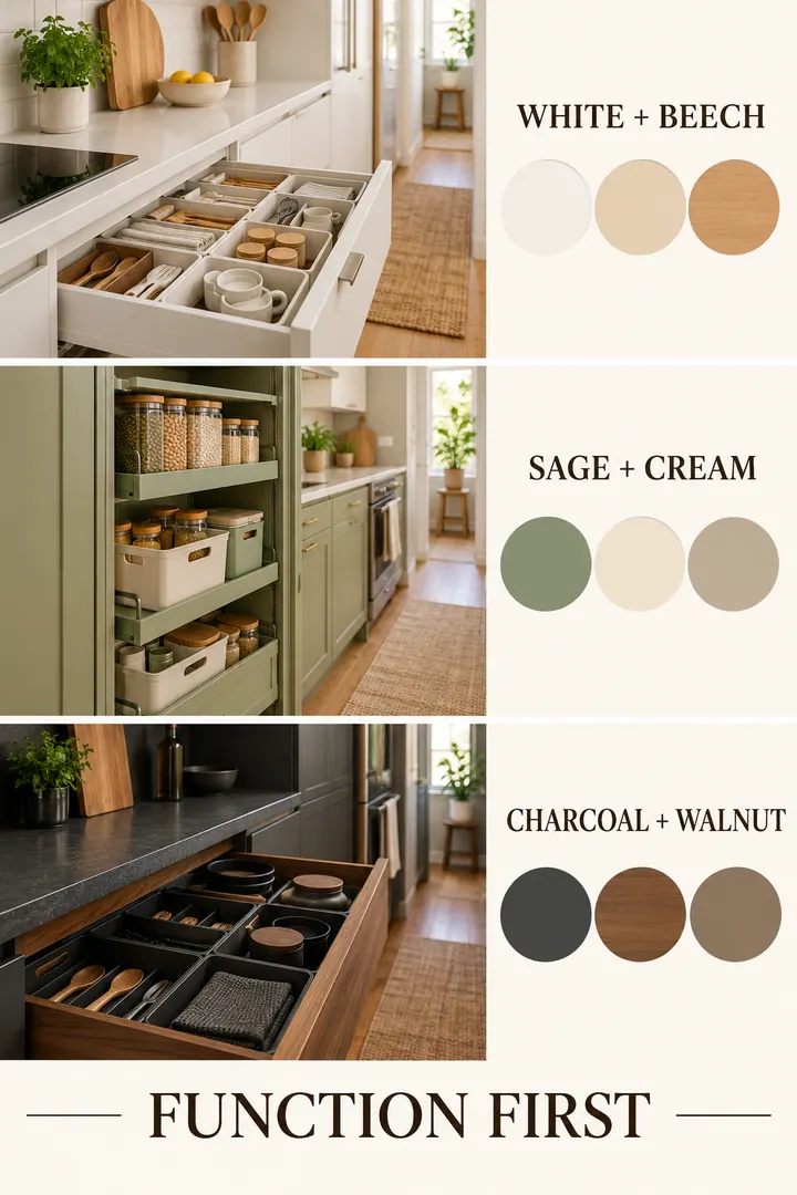 Color Palette Guide of kitchen organization colors in Kitchen showing match visible organizers to cabinet and counter neutrals.