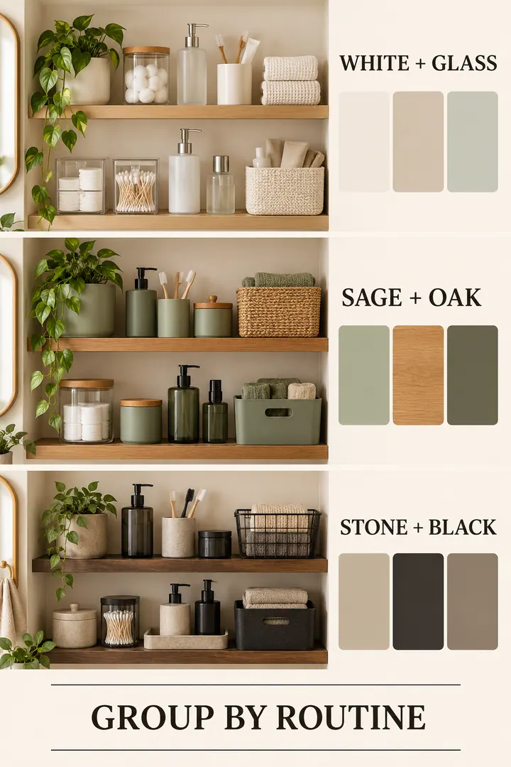 Color Palette Guide of small bathroom storage colors in Bathroom showing use opaque and translucent containers in one limited palette.