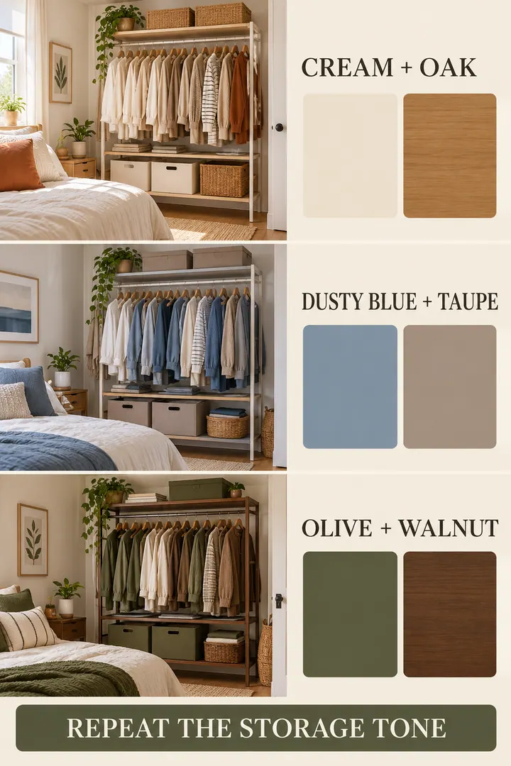 Color Palette Guide of small bedroom organization colors in Bedroom showing choose uniform hangers and two storage tones around existing textiles.