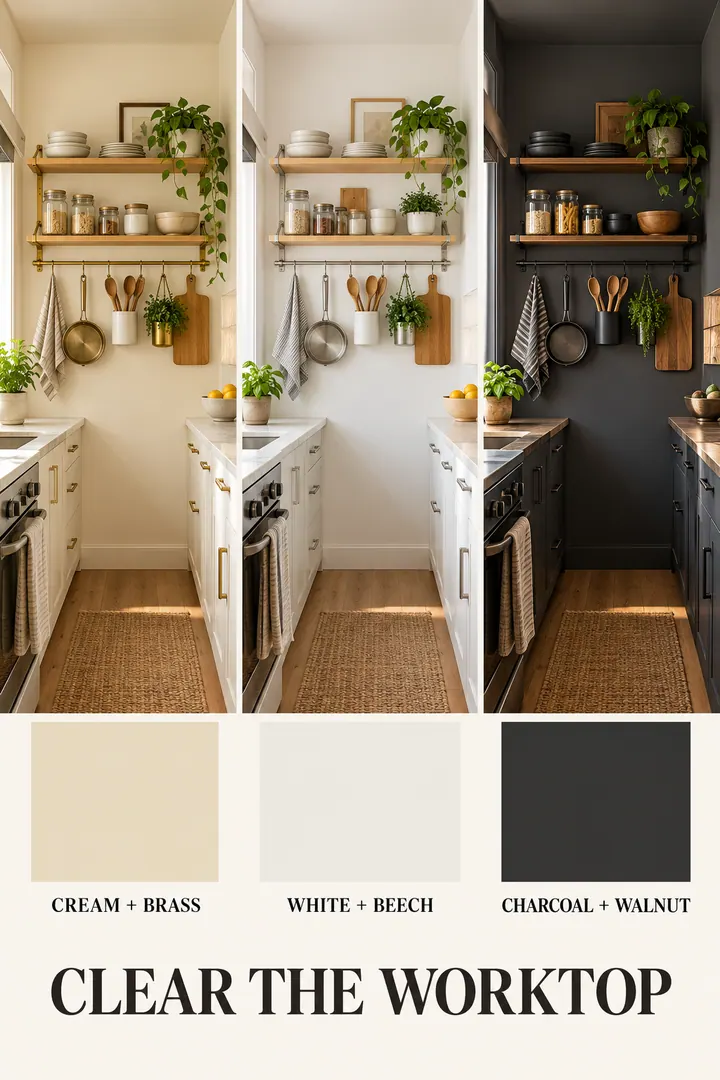 Color Palette Guide of tiny kitchen wall storage in Kitchen showing use one rail-shelf system in three restrained finishes.