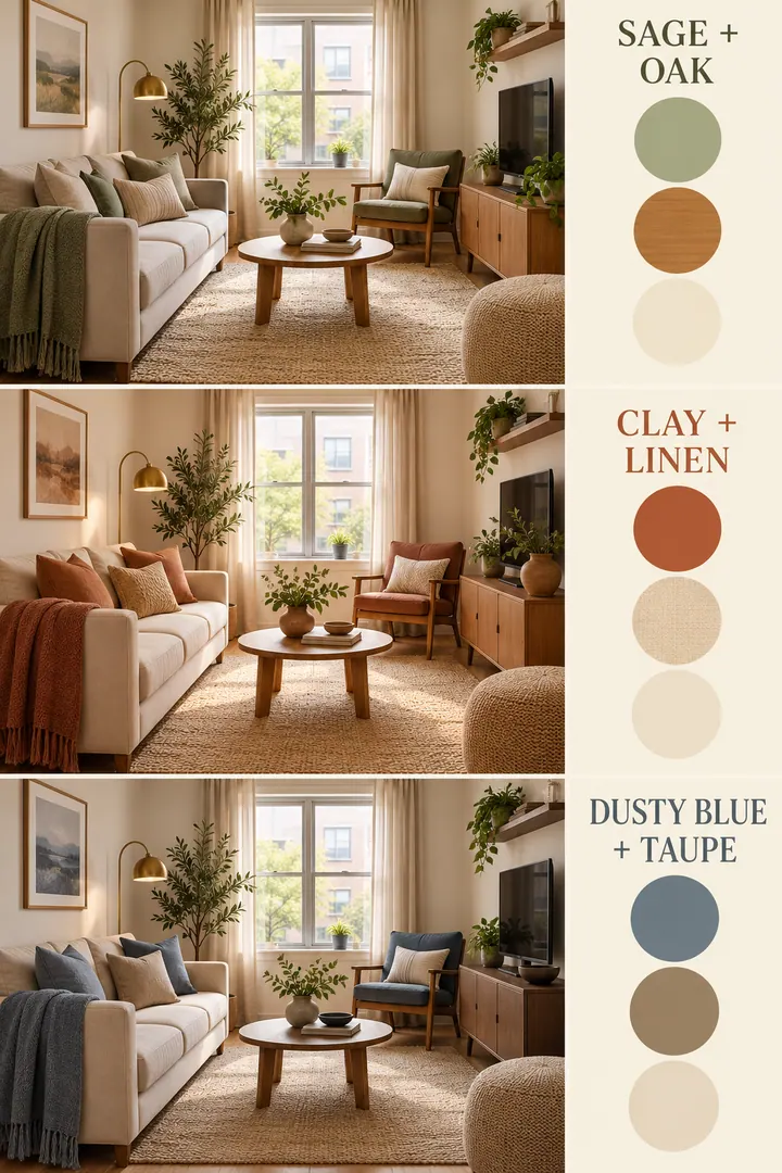 Color Palette Guide of small living room color schemes in Living room showing build the room around one dominant neutral plus two accents.