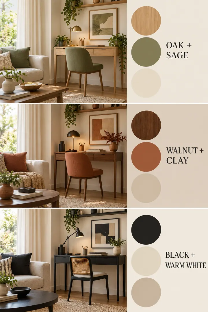 Color Palette Guide of small home office colors in Living room showing repeat living-room wood and one accent at the desk.