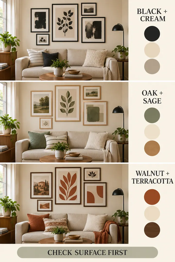 Color Palette Guide of renter gallery wall colors in Living room showing limit frames to one finish and art to a repeated palette.