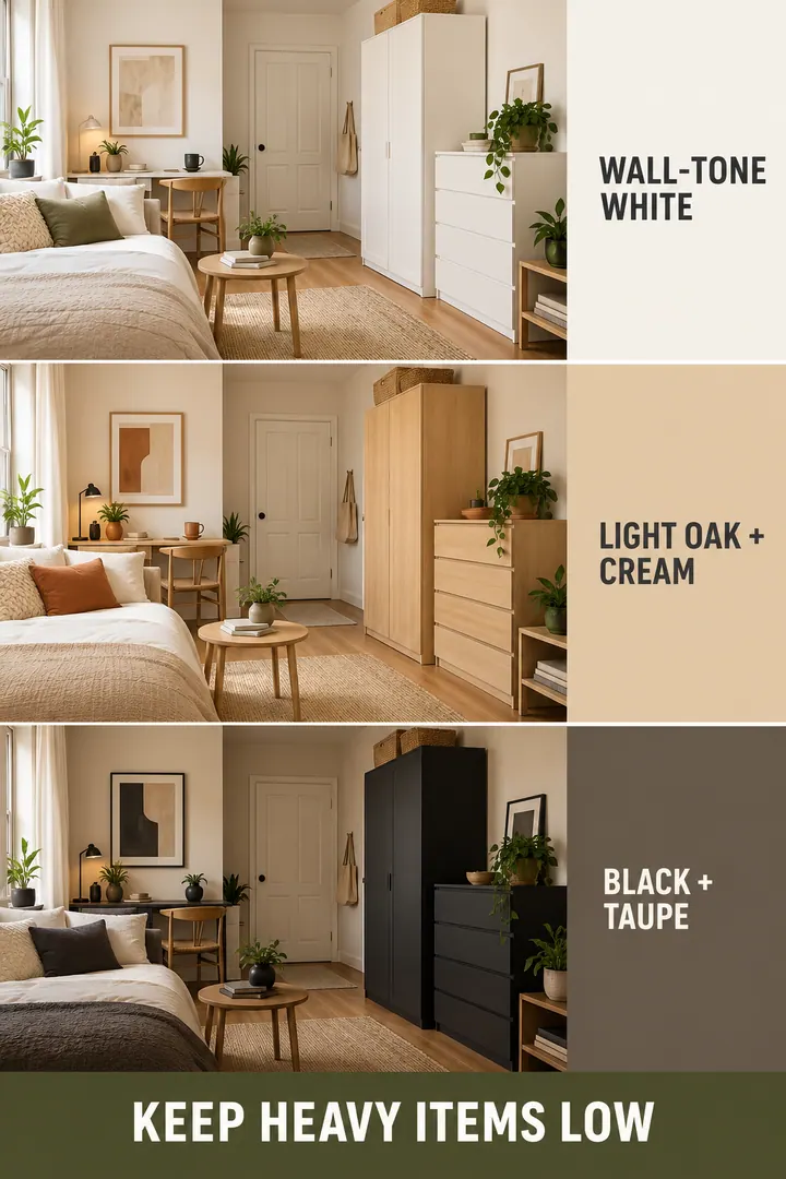 Color Palette Guide of studio storage colors in Studio showing blend freestanding storage with wall and textile tones.