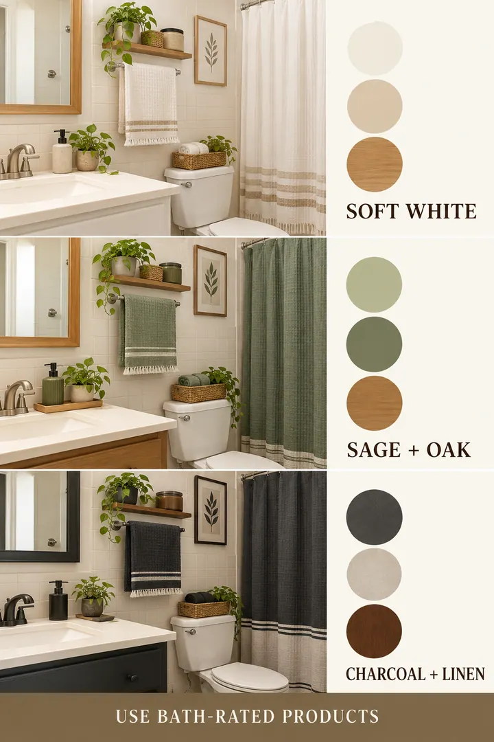 Color Palette Guide of no drill bathroom decor in Bathroom showing coordinate removable textiles containers and approved bath accessories.