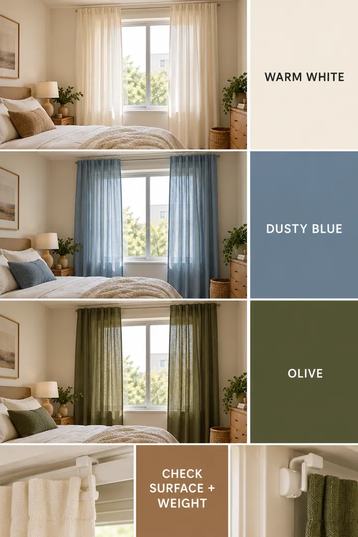 Color Palette Guide of renter friendly curtains in Bedroom showing use compatible lightweight curtains and product-specific removable hooks.