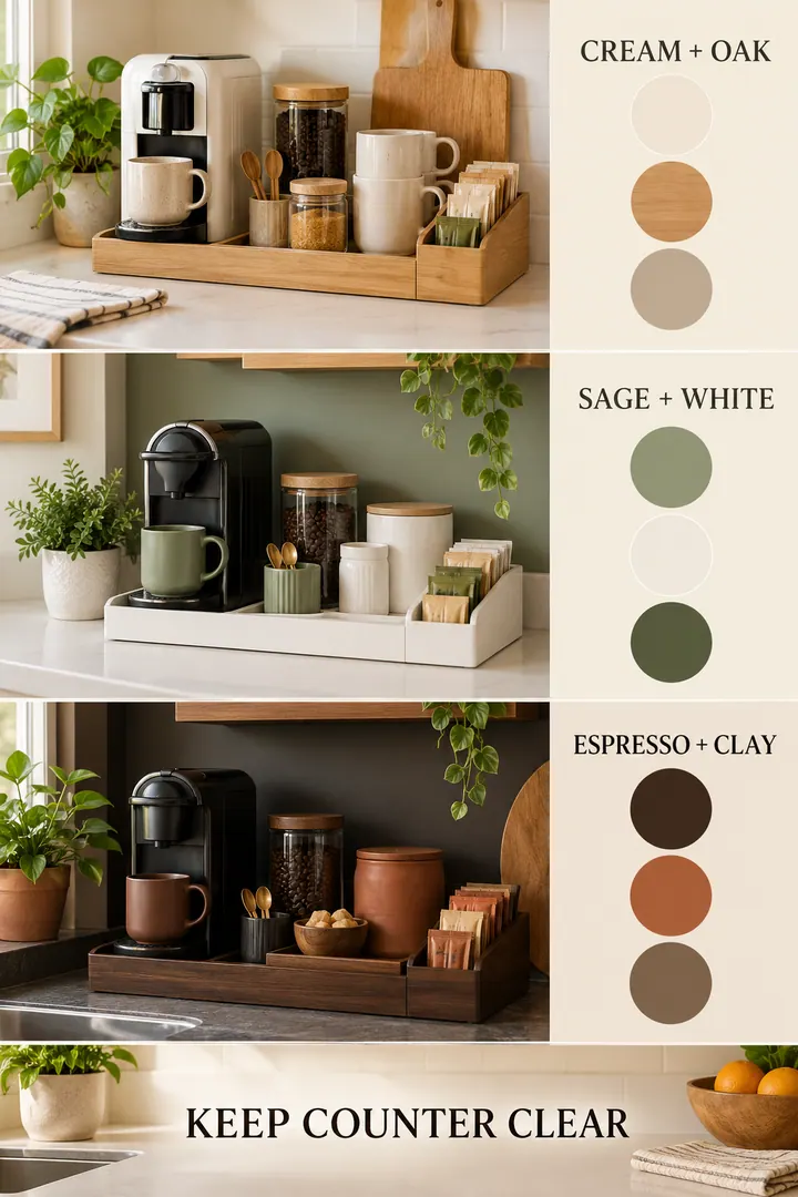 Color Palette Guide of renter friendly coffee bar in Kitchen showing use a restrained tray-caddy-mug palette with rated removable organizers.