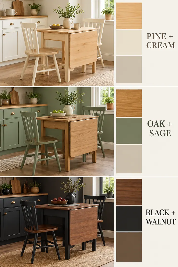 Color Palette Guide of drop leaf table colors in Kitchen showing coordinate a drop-leaf table with floor cabinet and chair tones.