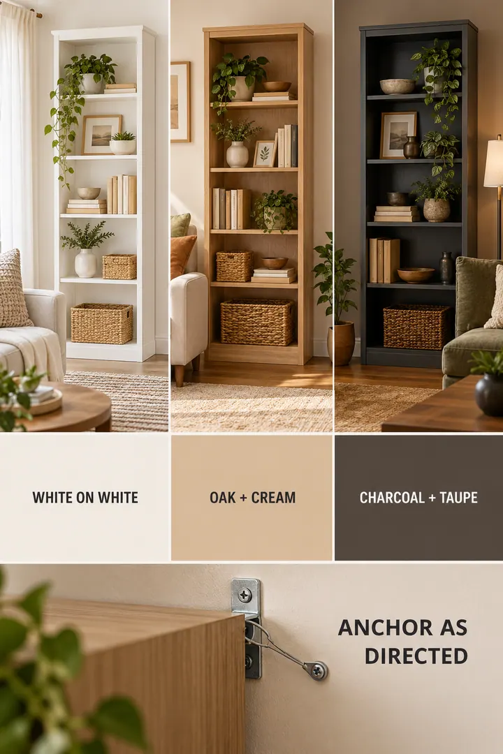 Color Palette Guide of small room bookcase colors in Living room showing match unit tone to wall while retaining required anchoring.