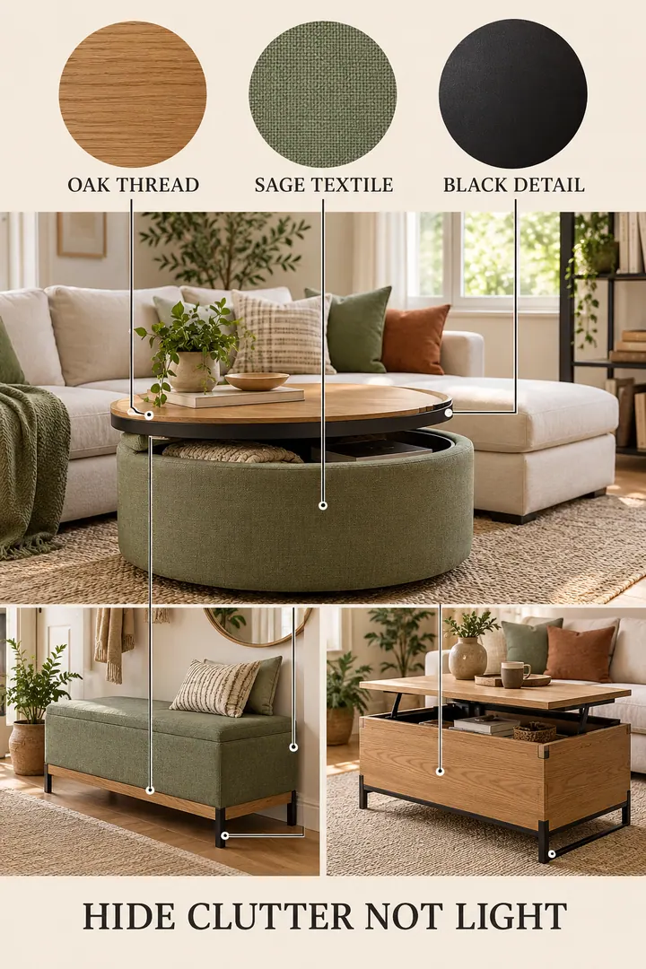 Color Palette Guide of storage furniture palette in Living room showing repeat one wood one textile and one metal across pieces.